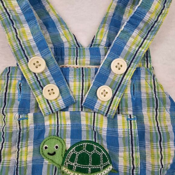 Toddler Overalls Size 18mo Plaid Happy Turtle Patch Spring Easter Toffee Apple - Picture 3 of 7